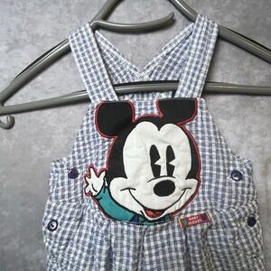 Vintage Mickey & Co 18M Blue Plaid Seersucker Overalls Mickey Disney - Rare